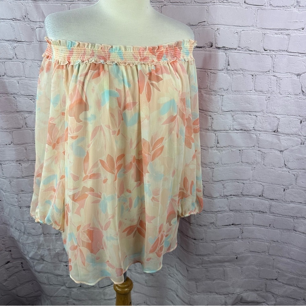 LC Lauren Conrad sheer Off-Shoulder Floral Top sz xl flowy coquette boho beach